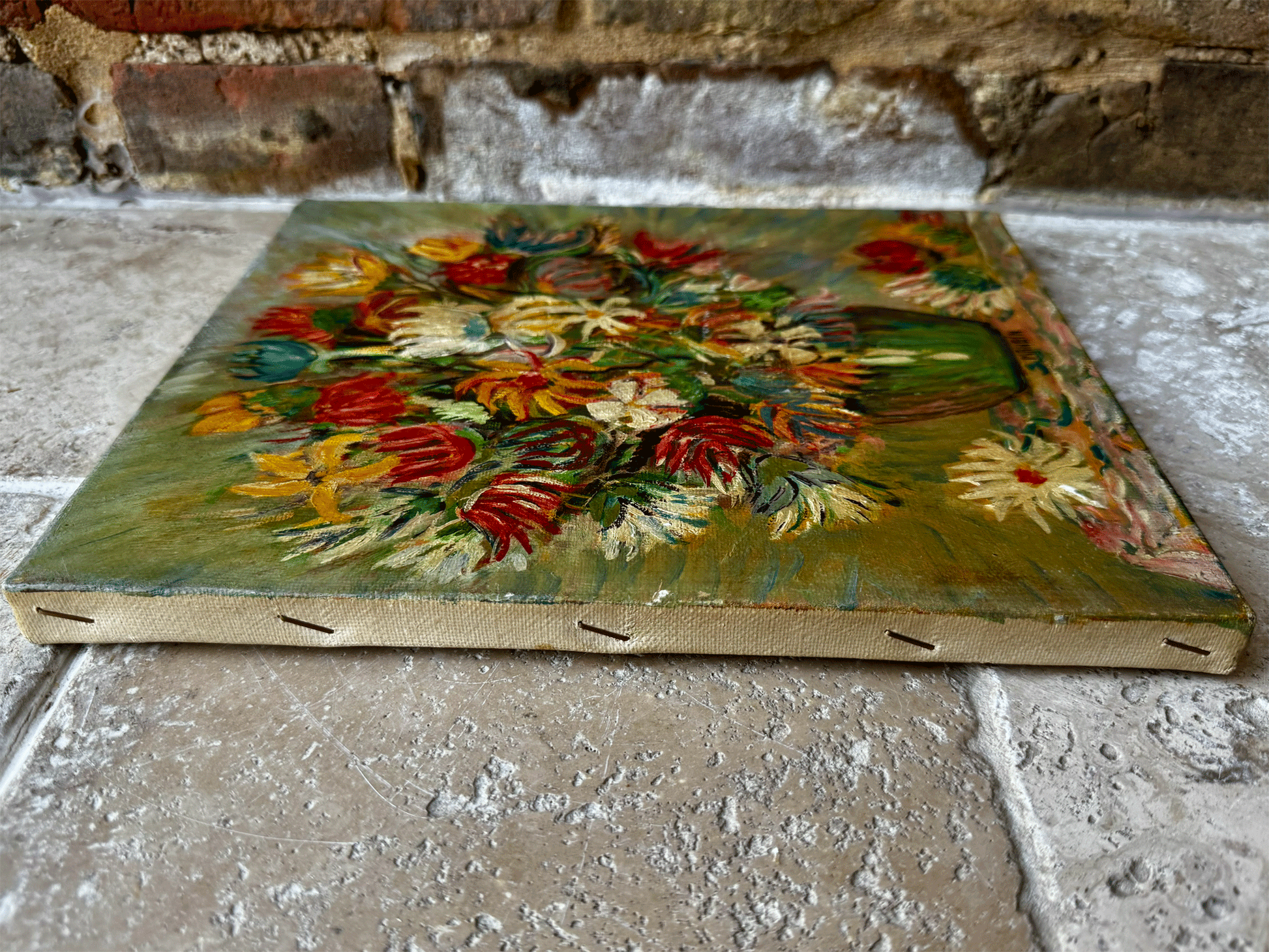 vintage french oil painting canvas virbant floral still life flowers vase signed mangin