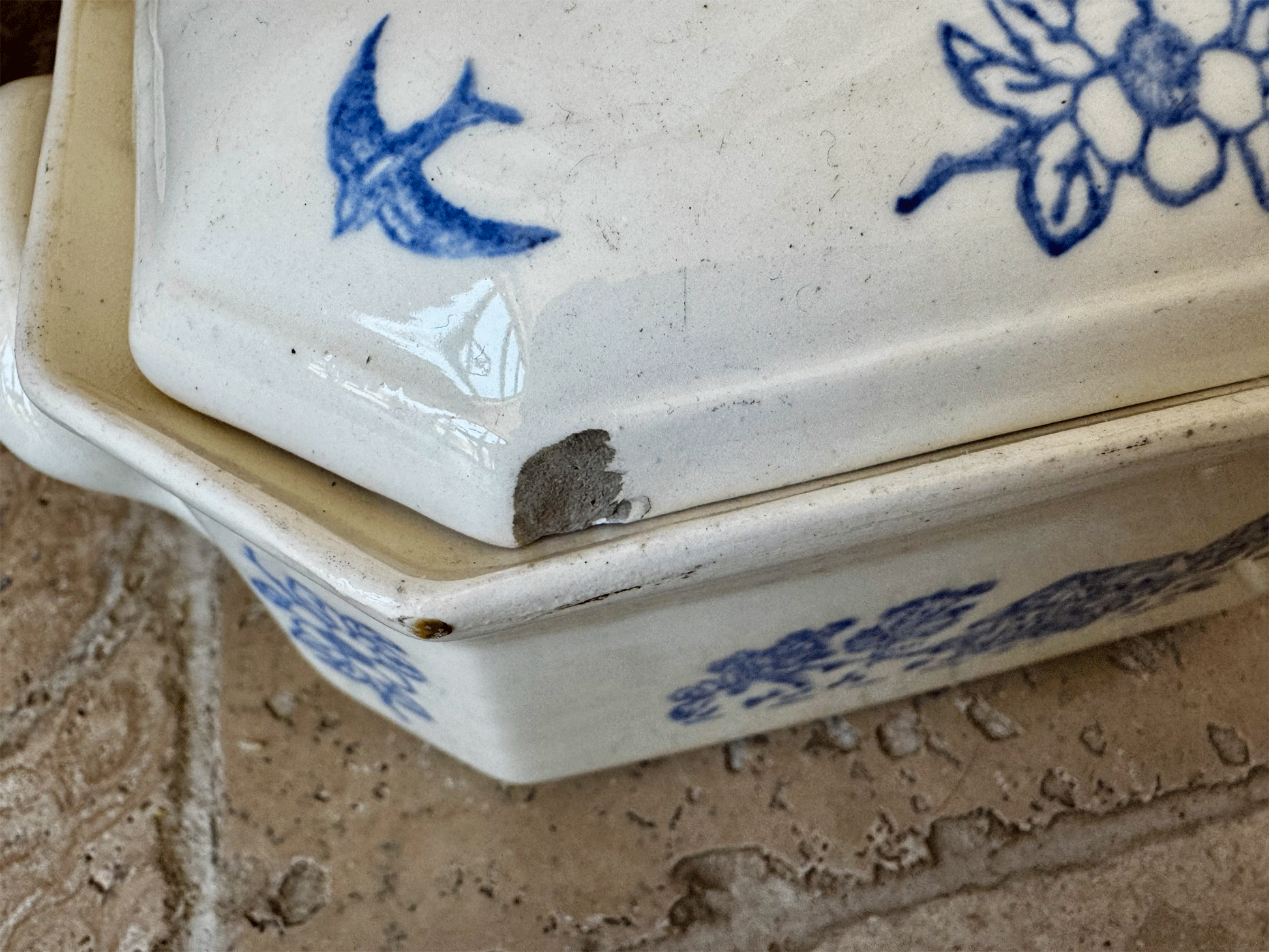 vintage french st uze butter dish floral country birds white blue transferware decoration