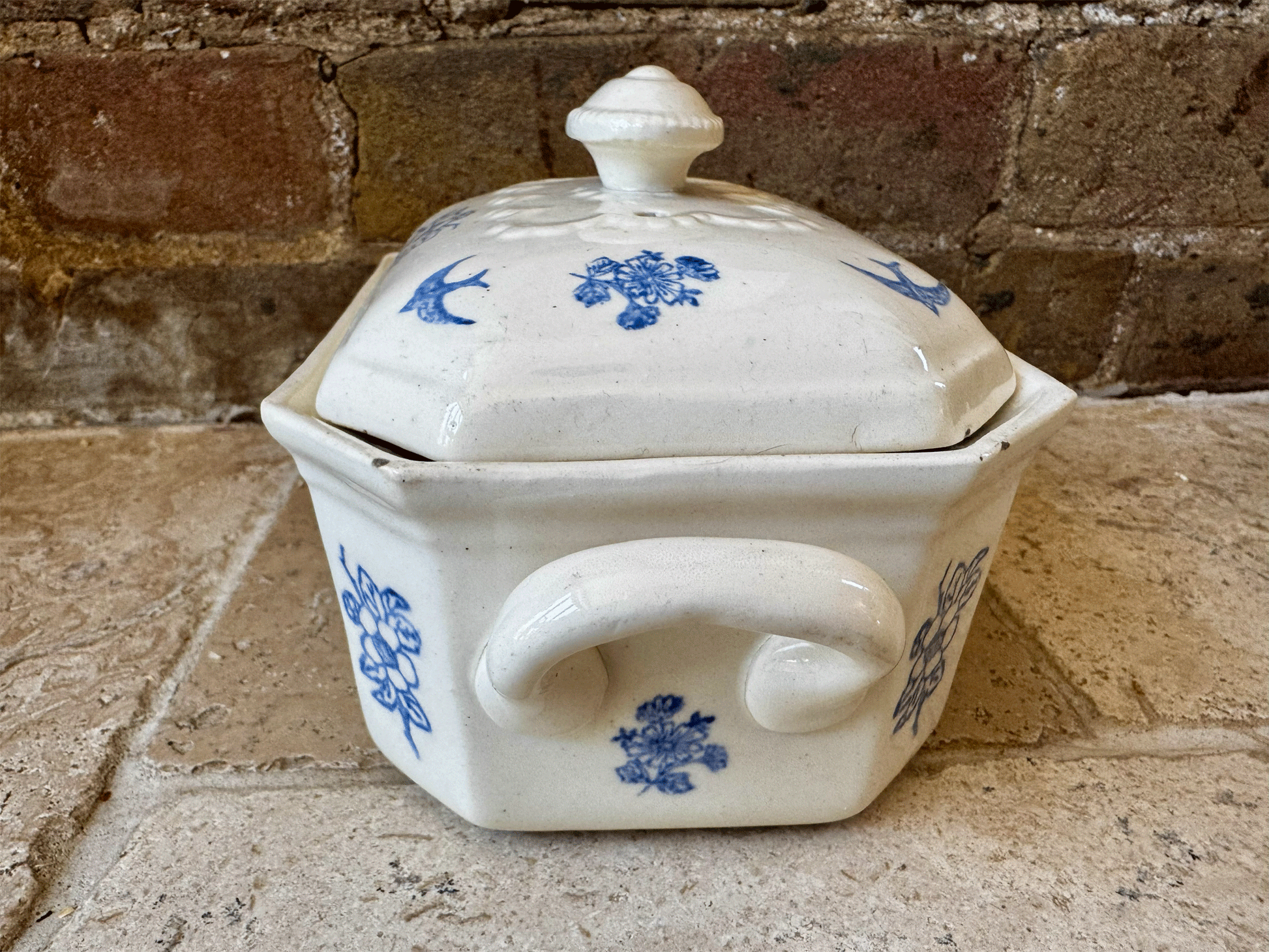 vintage french st uze butter dish floral country birds white blue transferware decoration