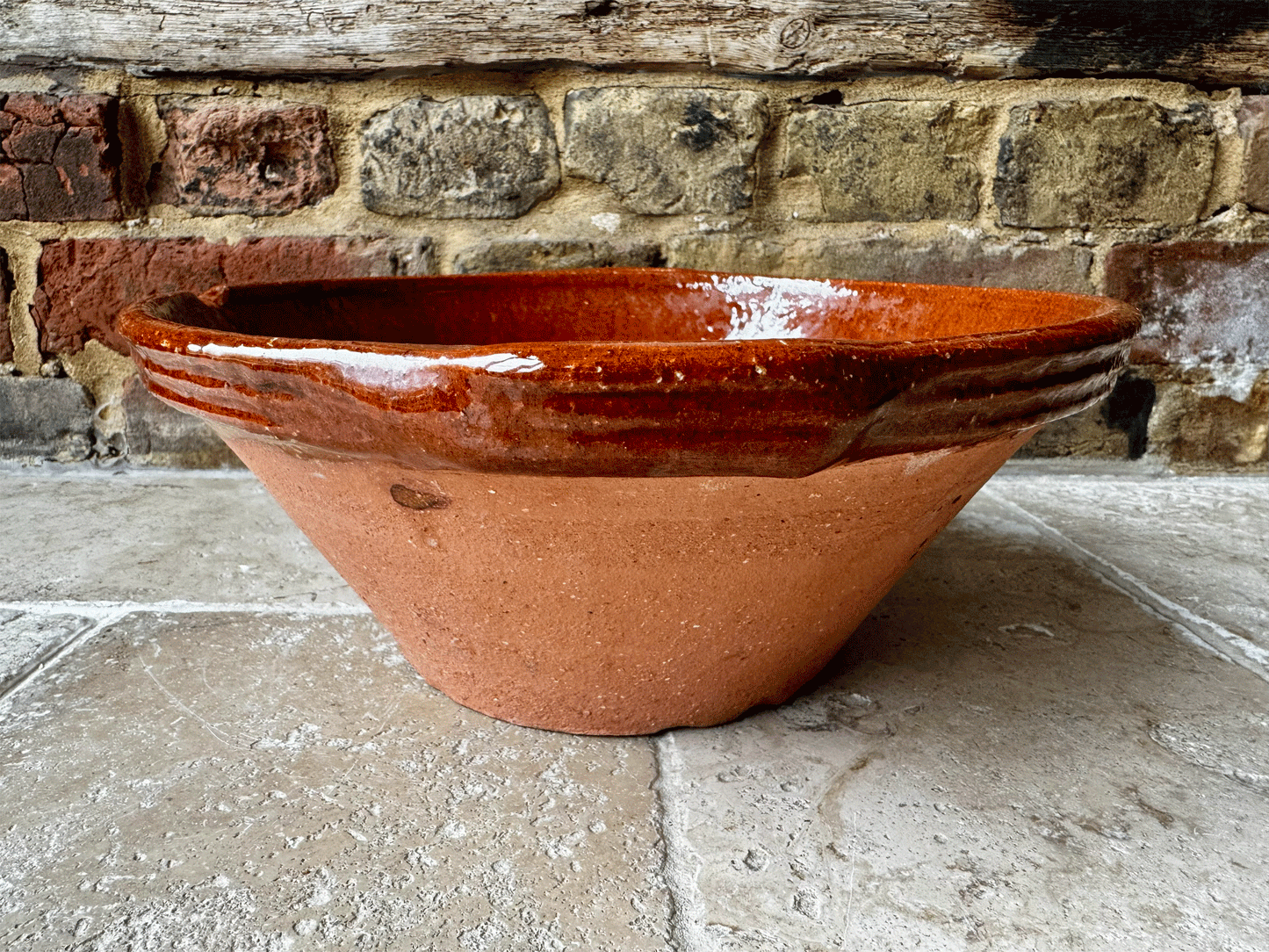 vintage french terracotta pancheon mixing dairy pan pouring lip glazed interior