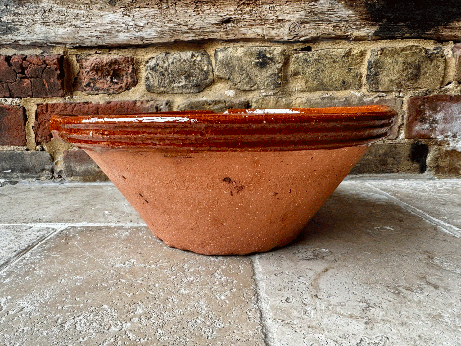 vintage french terracotta pancheon mixing dairy pan pouring lip glazed interior