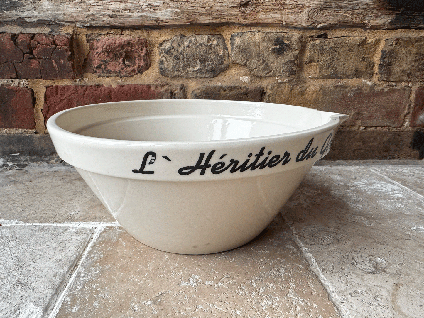 large vintage stoneware french butchers shop advertising promotional spouted mixing bowl charcuterieporc fermier plein air