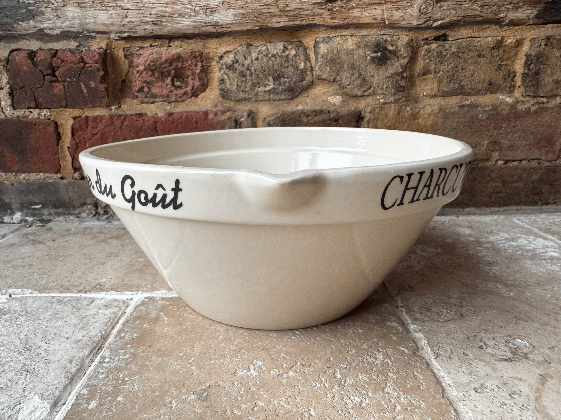 large vintage stoneware french butchers shop advertising promotional spouted mixing bowl charcuterieporc fermier plein air
