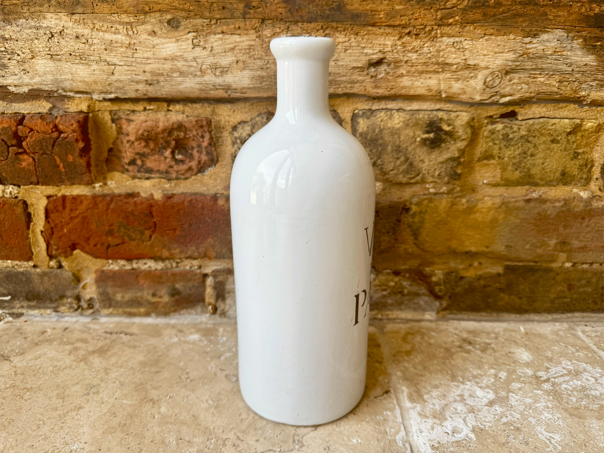 vintage french charolles white stoneware black art deco typography vin du pays bottle