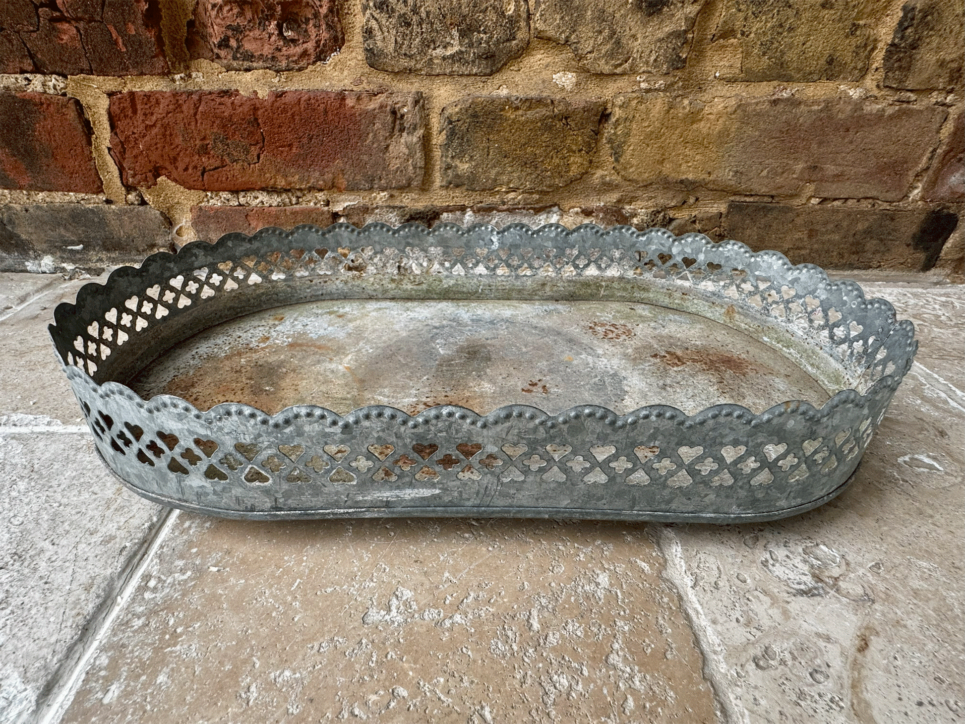 vintage french pretty rustic pierced metalwork display stand tray heart detail