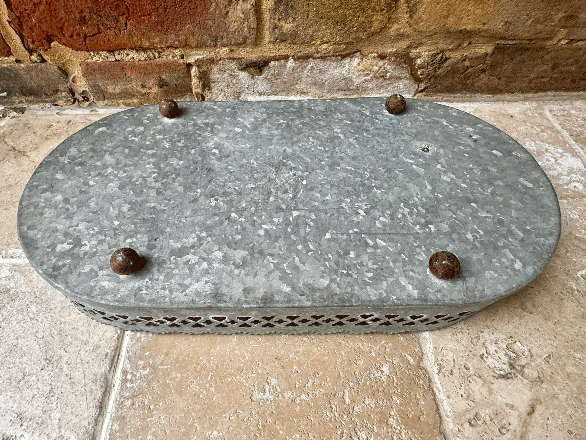 vintage french pretty rustic pierced metalwork display stand tray heart detail