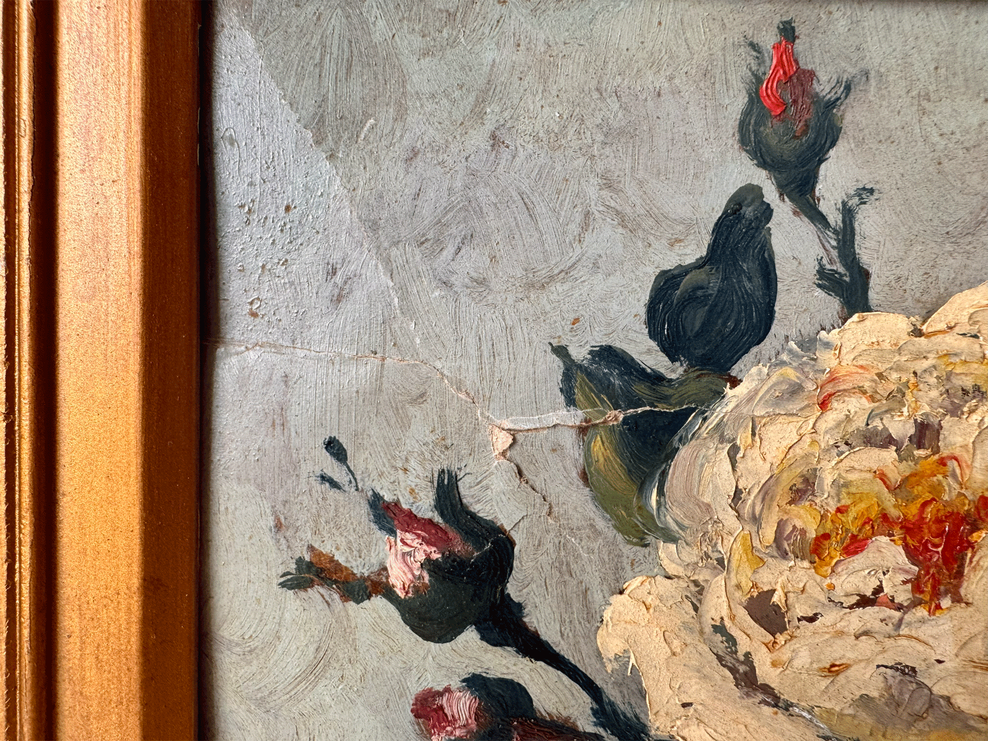antique french vintage oil painting impressionist impasto floral still life roses peonies blue vase