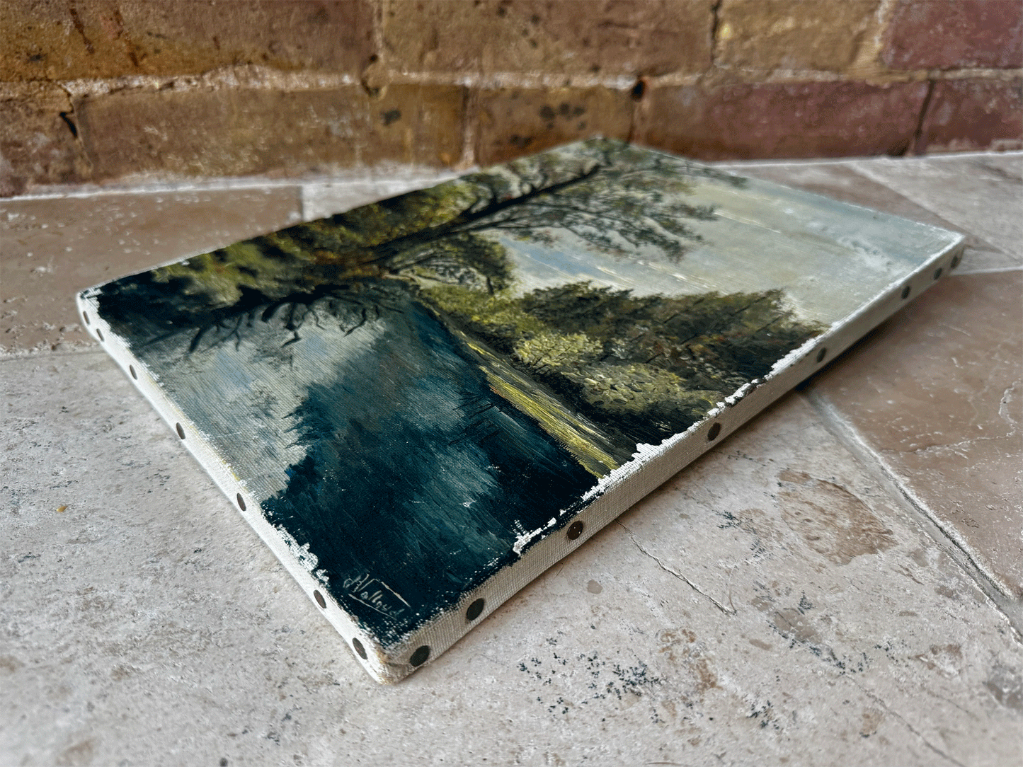 vntage french oil painting canvas signed country landscape river scene setting