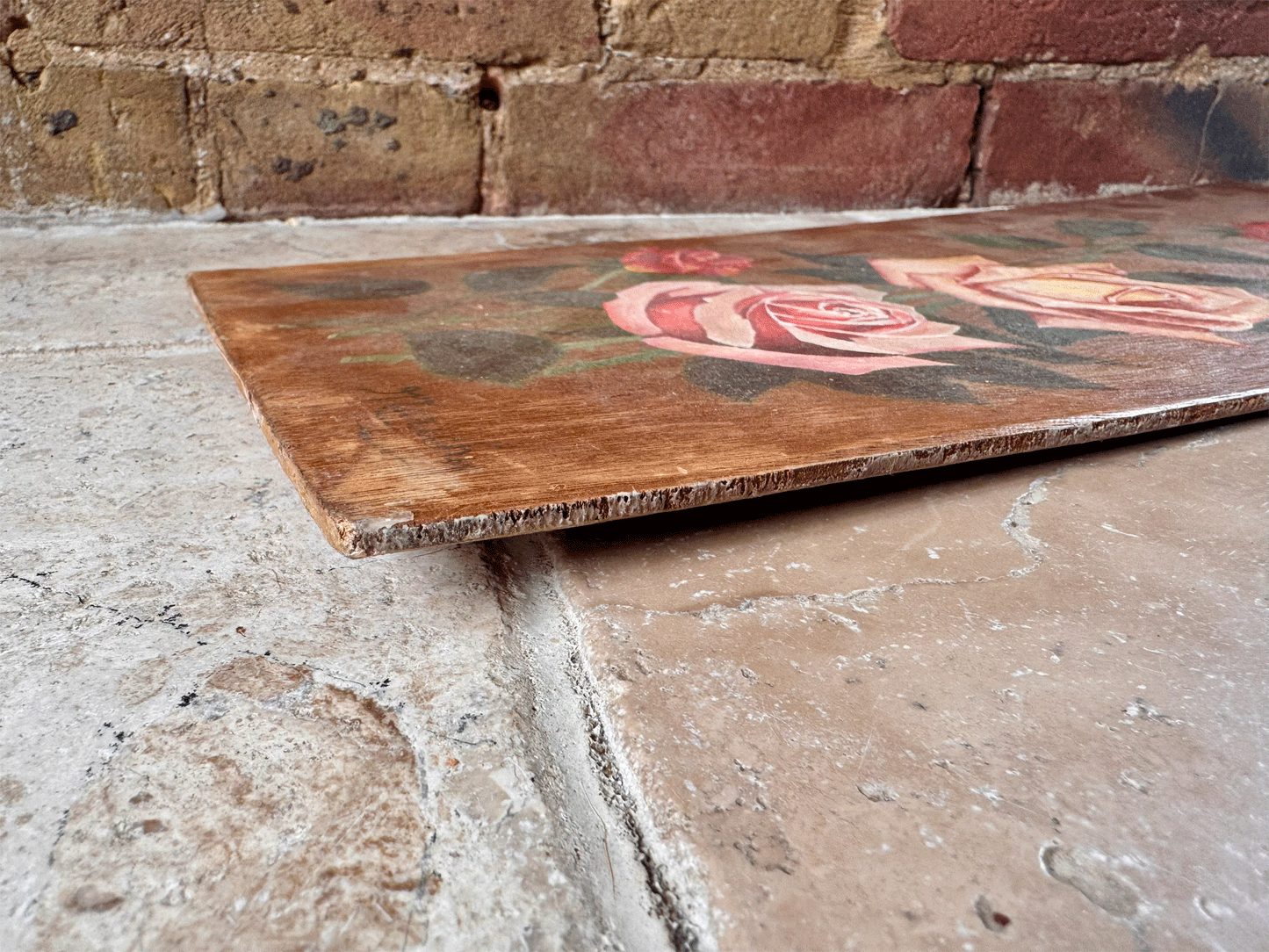 vintage french floral still life oil painting pink red roses climbing wooden panel board