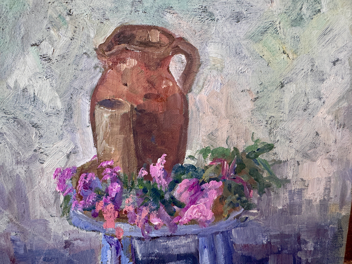 vintage french impressionist oil painting board blues pinks still life chair stool florals flowers stoneware earthenware jug