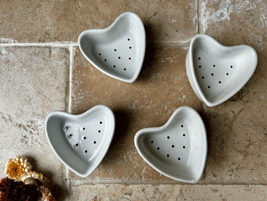 vintage french white ironstone apilco heart shaped pierced cheese faisselle mould pots