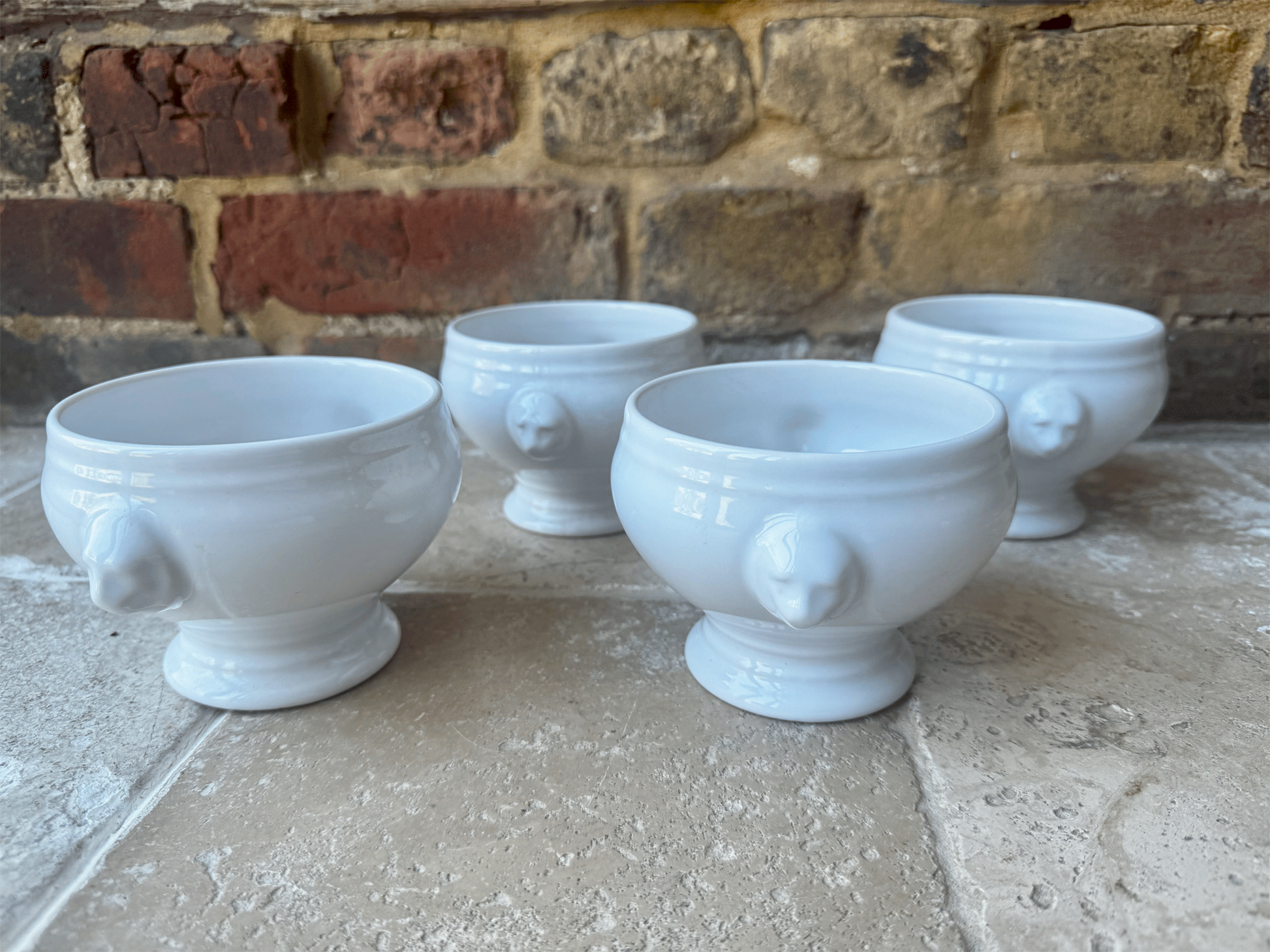 vintage plain white ironstone french onion soup bowls lion handles