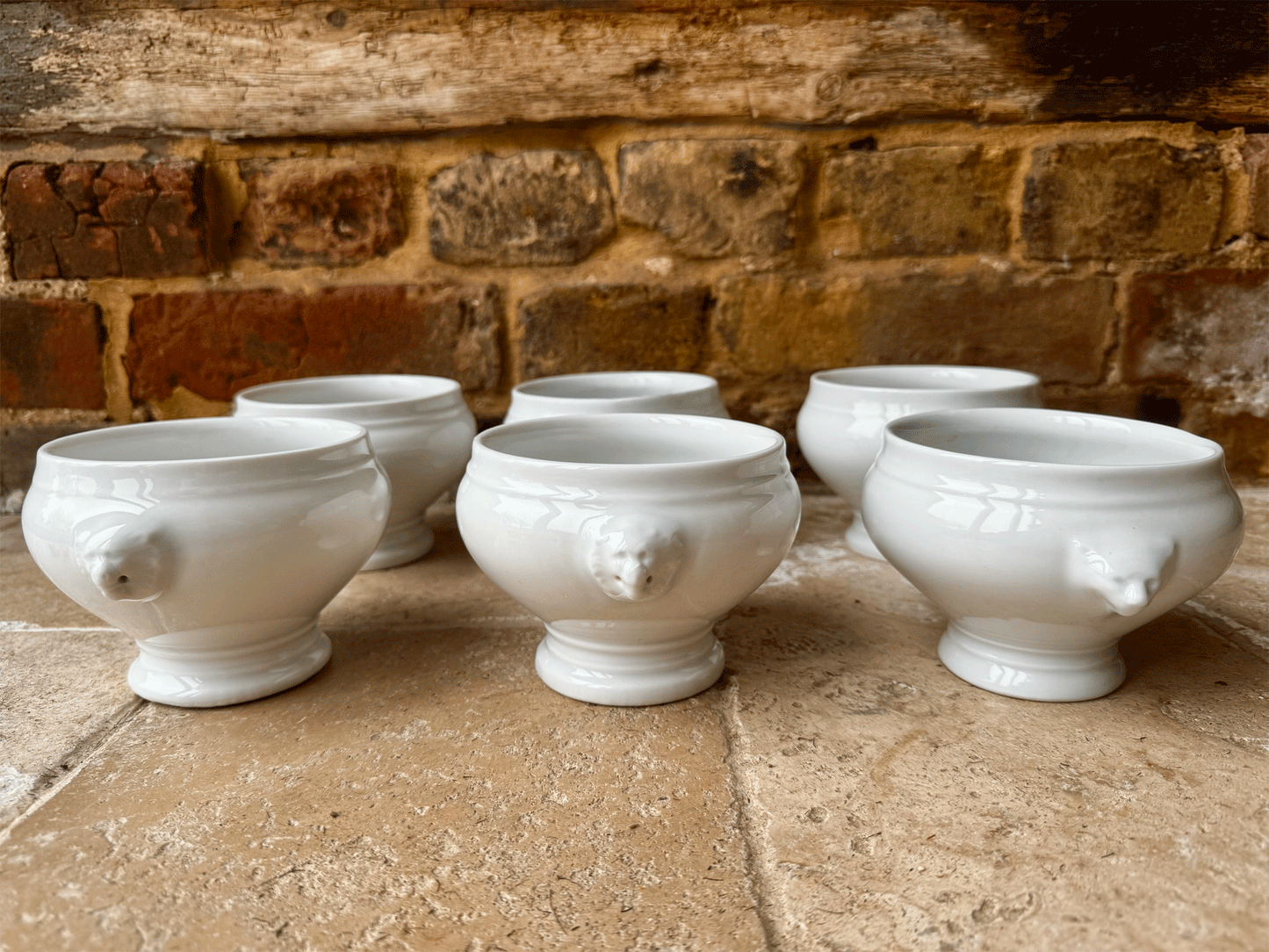 vintage french plain white ironstone soup bowl lion head handles