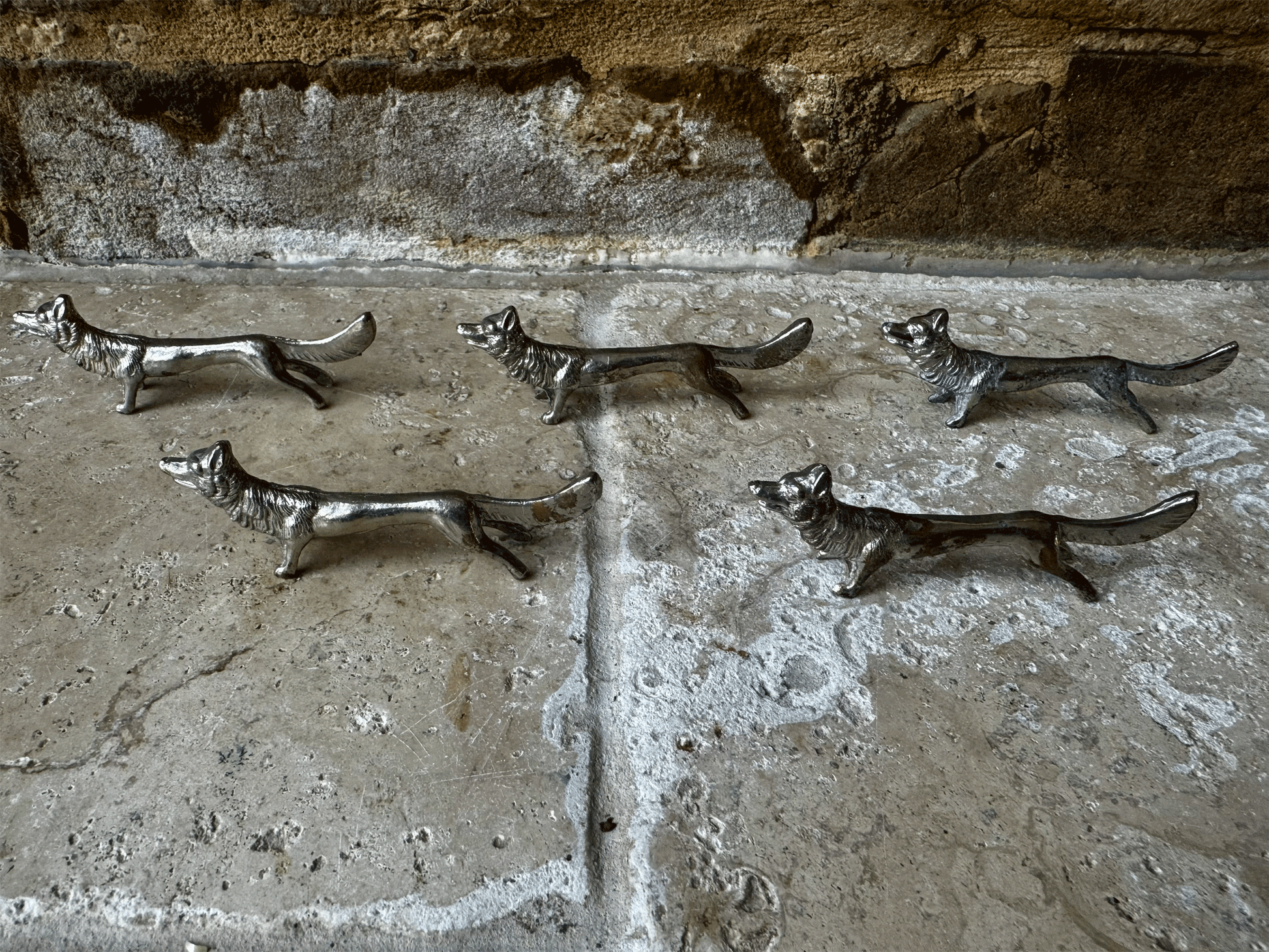 antique vintage french set silver plated knife rests rare figural wolf wolves