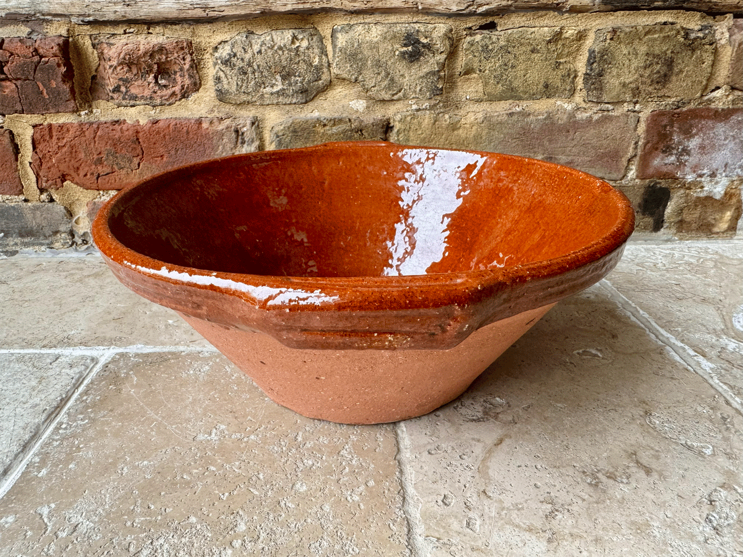 vintage french terracotta pancheon mixing dairy pan pouring lip glazed interior
