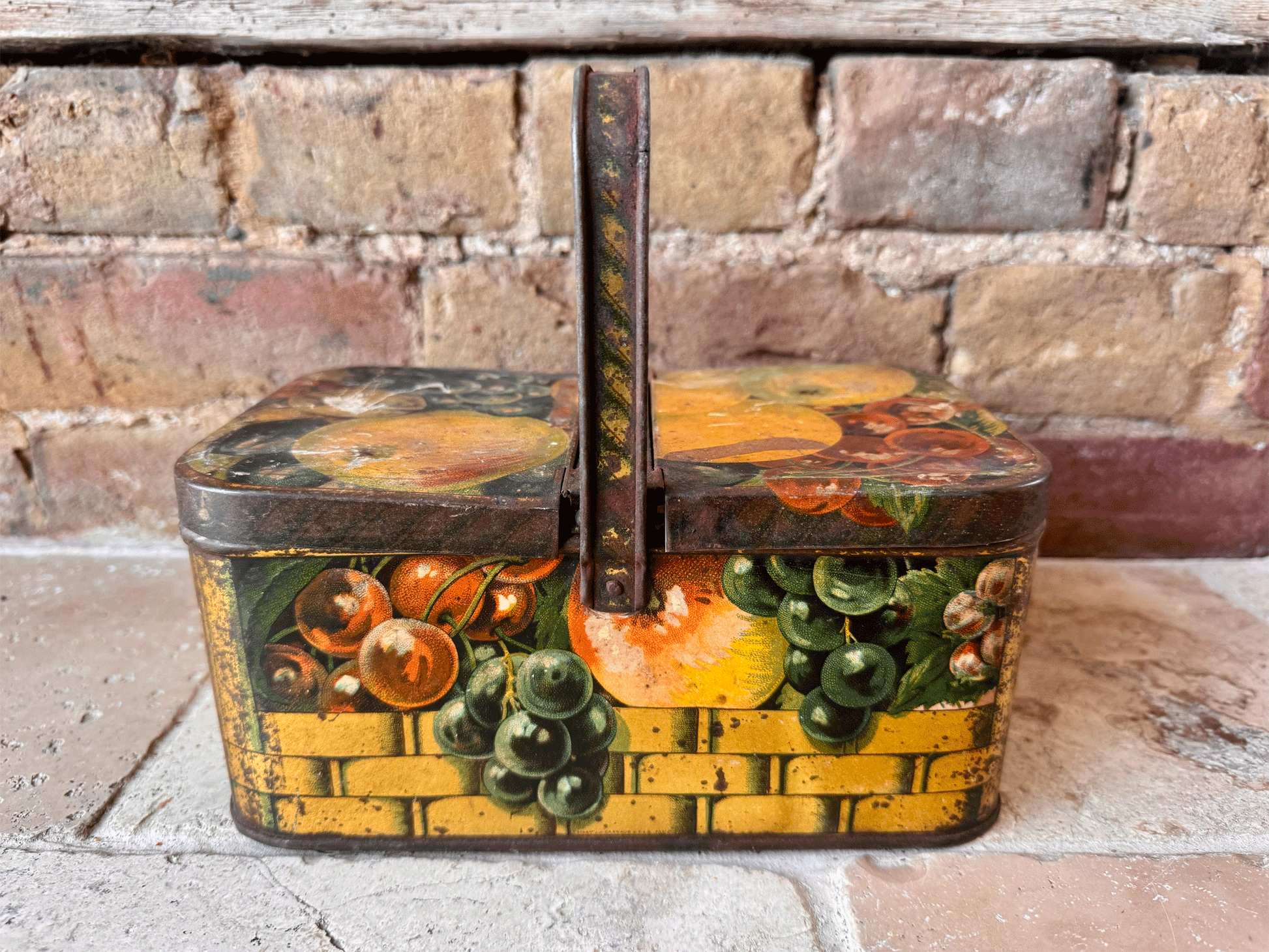 decorative antique vintage french biscuit tin picnic box fruit basket rustic decor