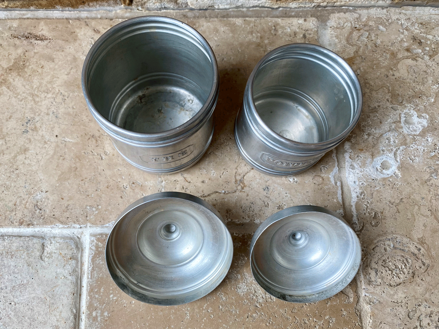 vintage french set aluminium kitchen jars canisters