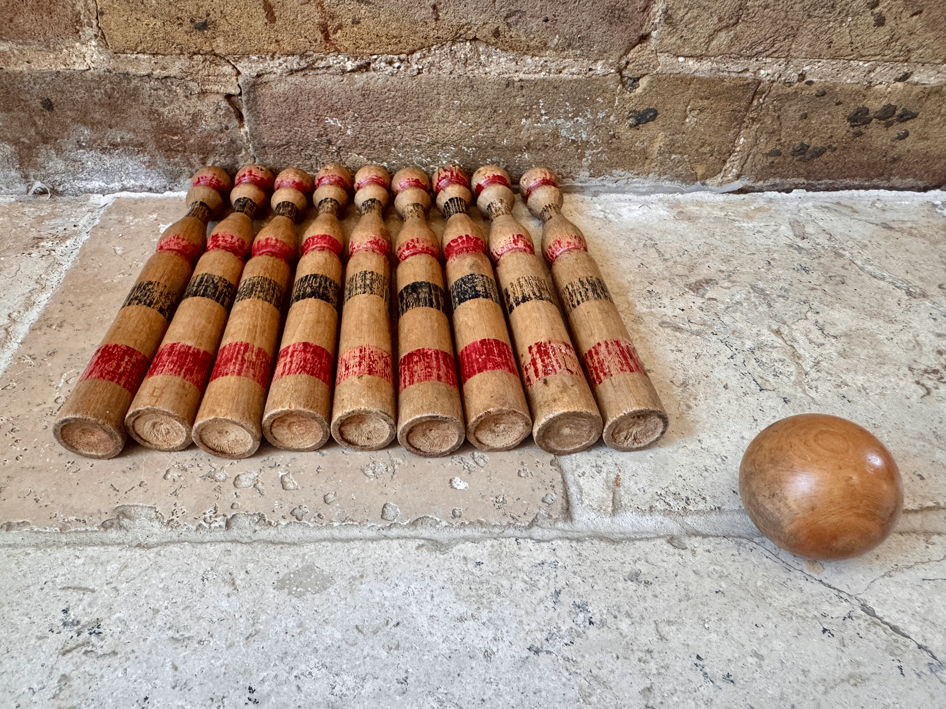 antique vintage french wooden skittle quilles set 9 treen ball parlour game