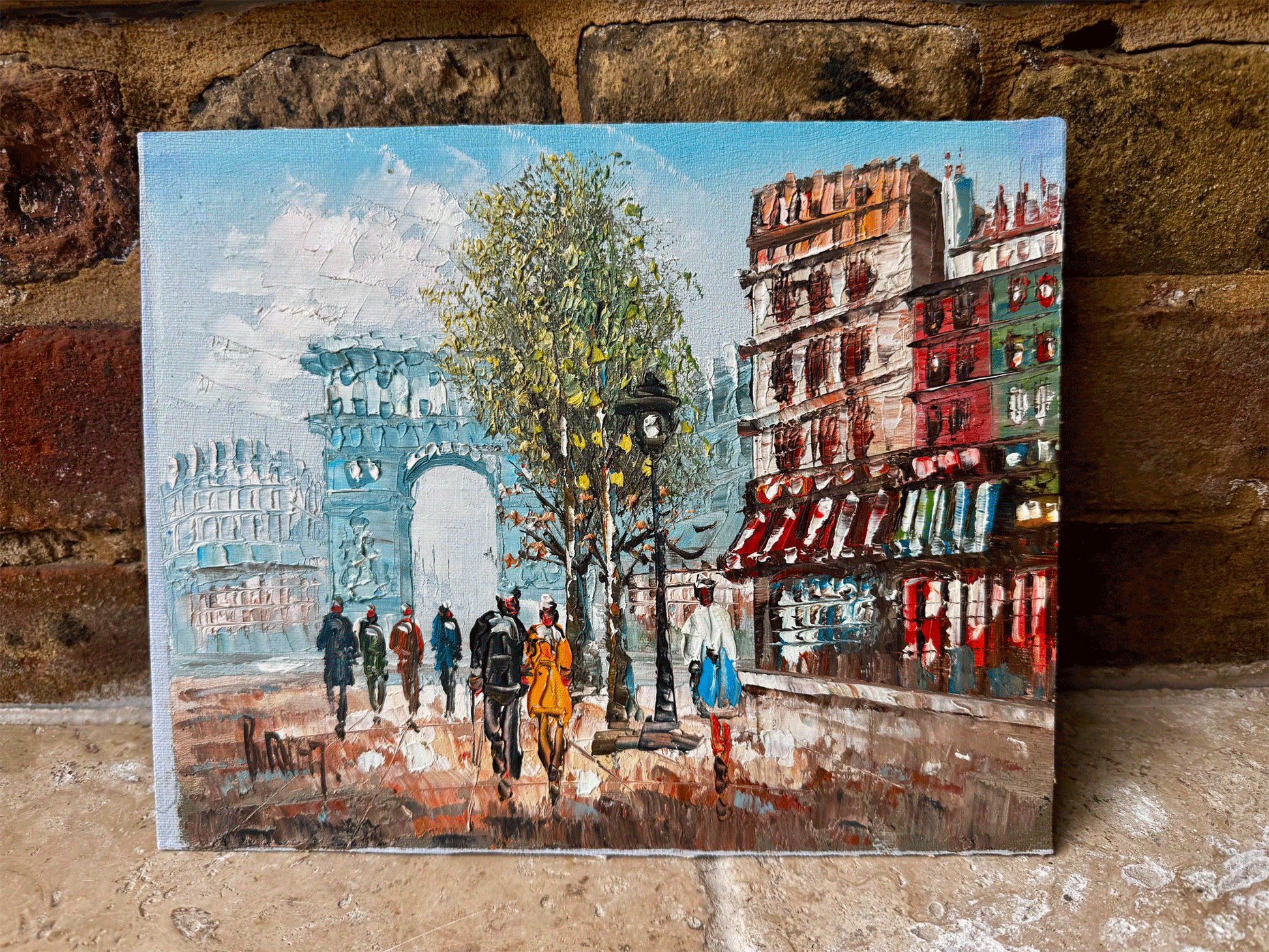 vintage paris tourist scene oil painting signed burnett impressionist style arc triomphe