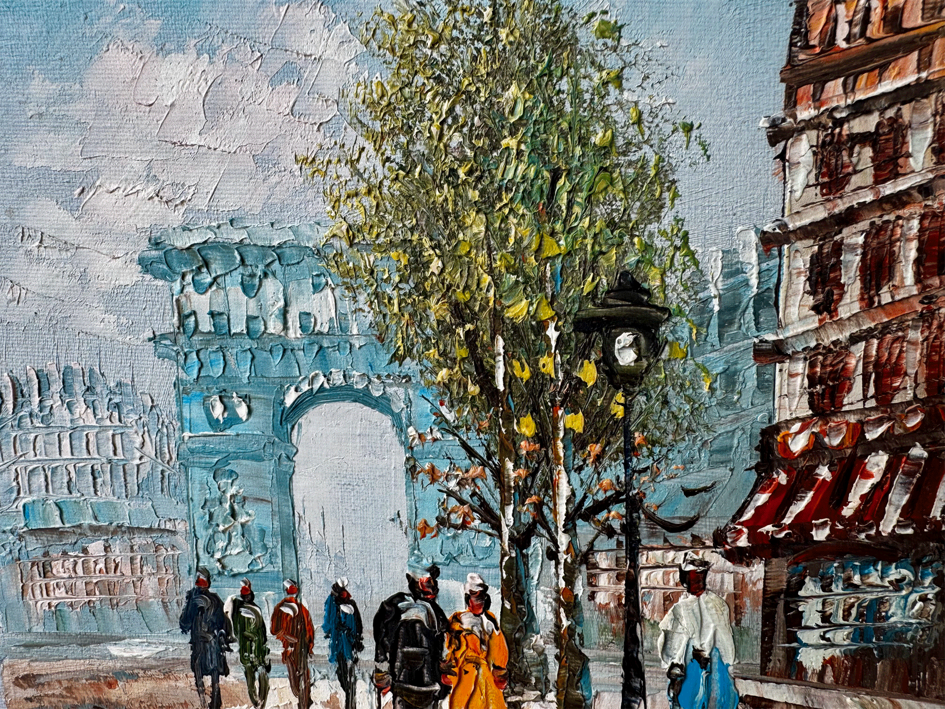 vintage paris tourist scene oil painting signed burnett impressionist style arc triomphe