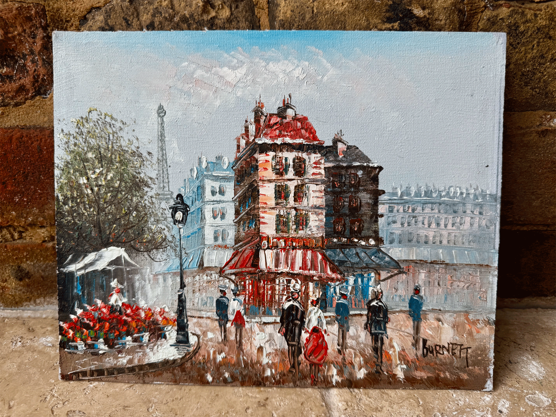 vintage french tourist paris oil painting canvas board tour eiffel tower burnett