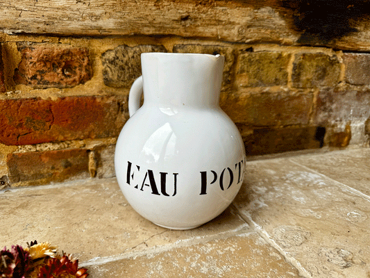 vintage french white stoneware eau potable french typography jug
