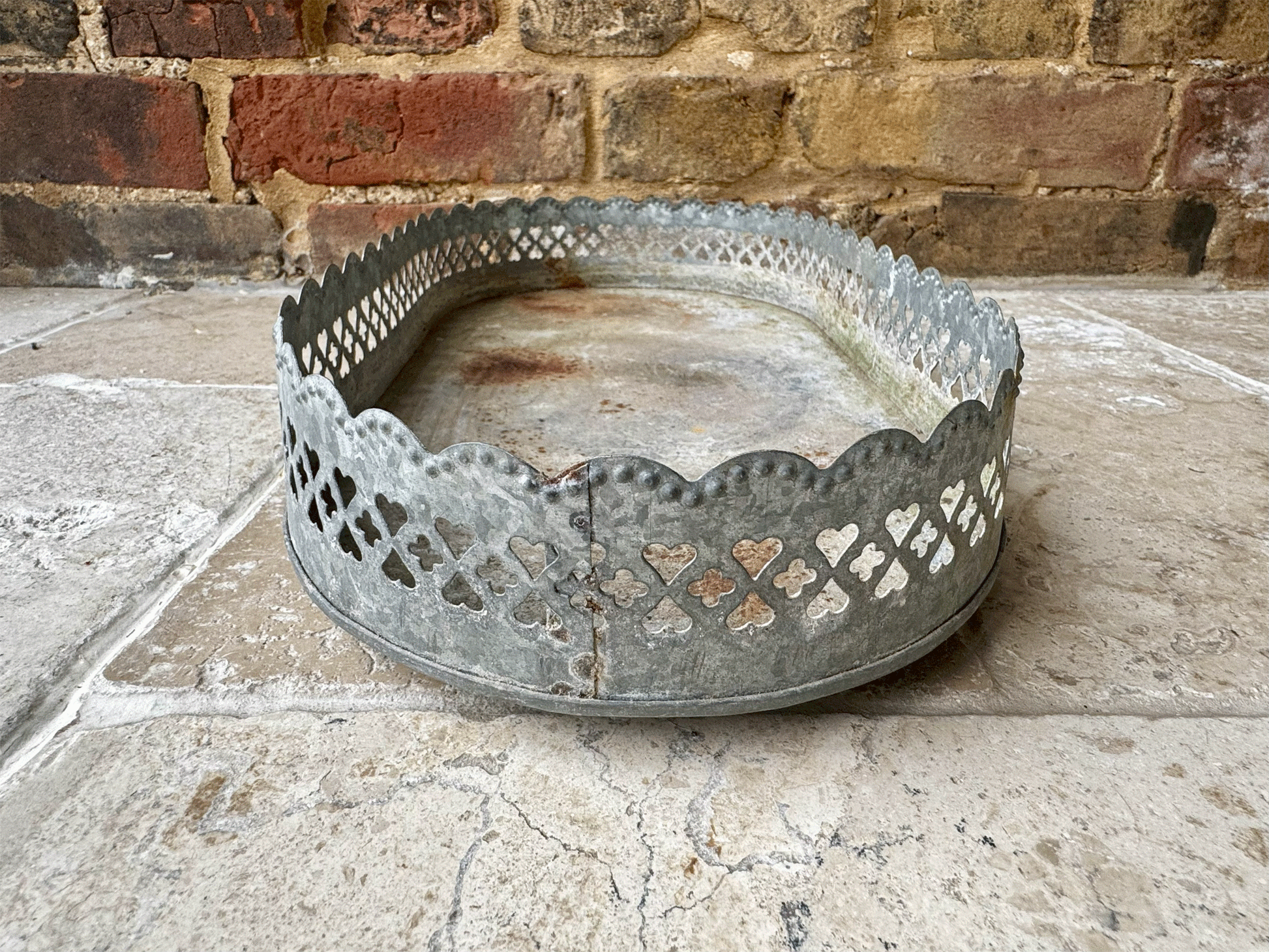 vintage french pretty rustic pierced metalwork display stand tray heart detail
