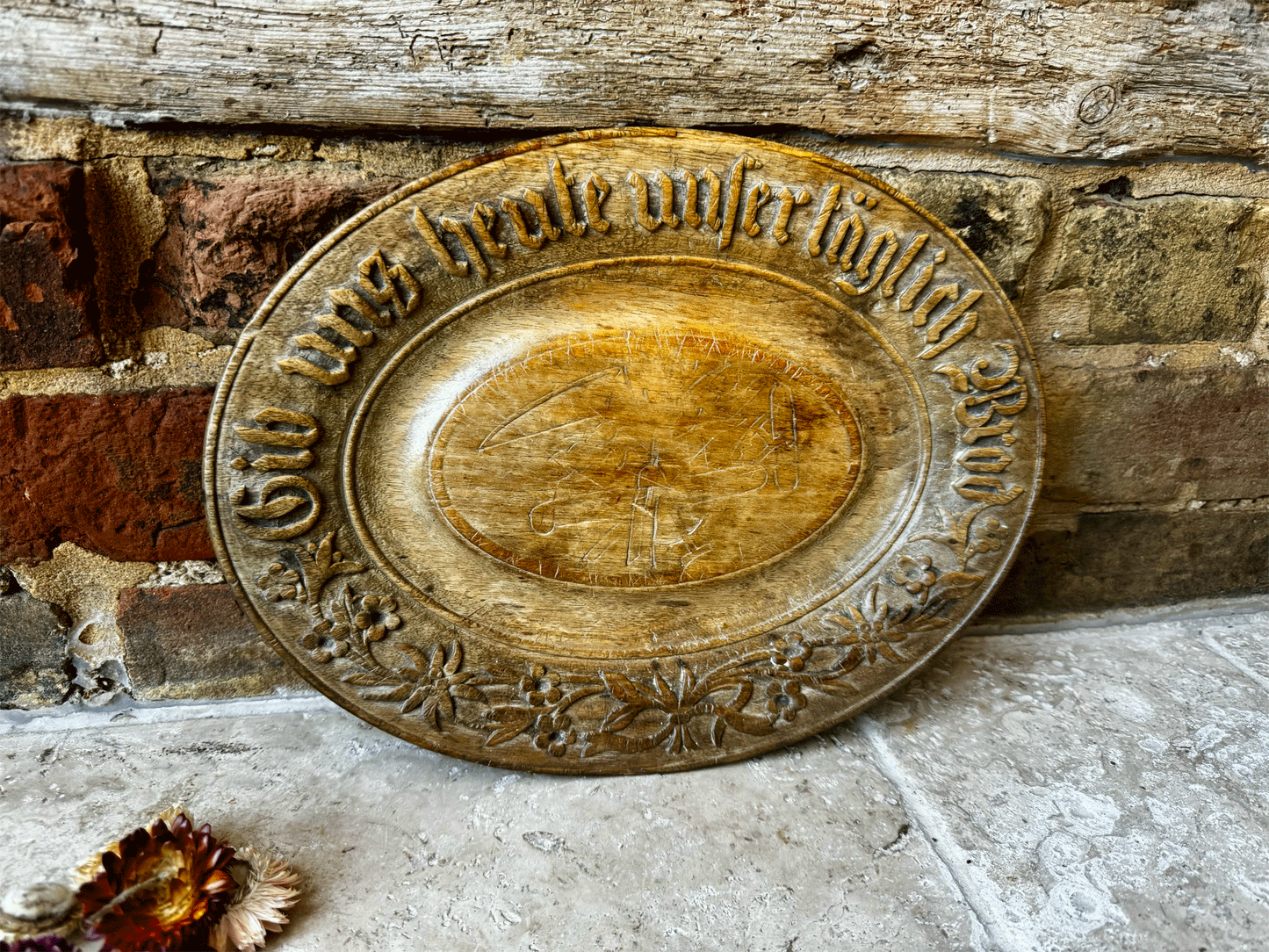 antique german deeply carved treen wooden carved bread platter board daily bread motto