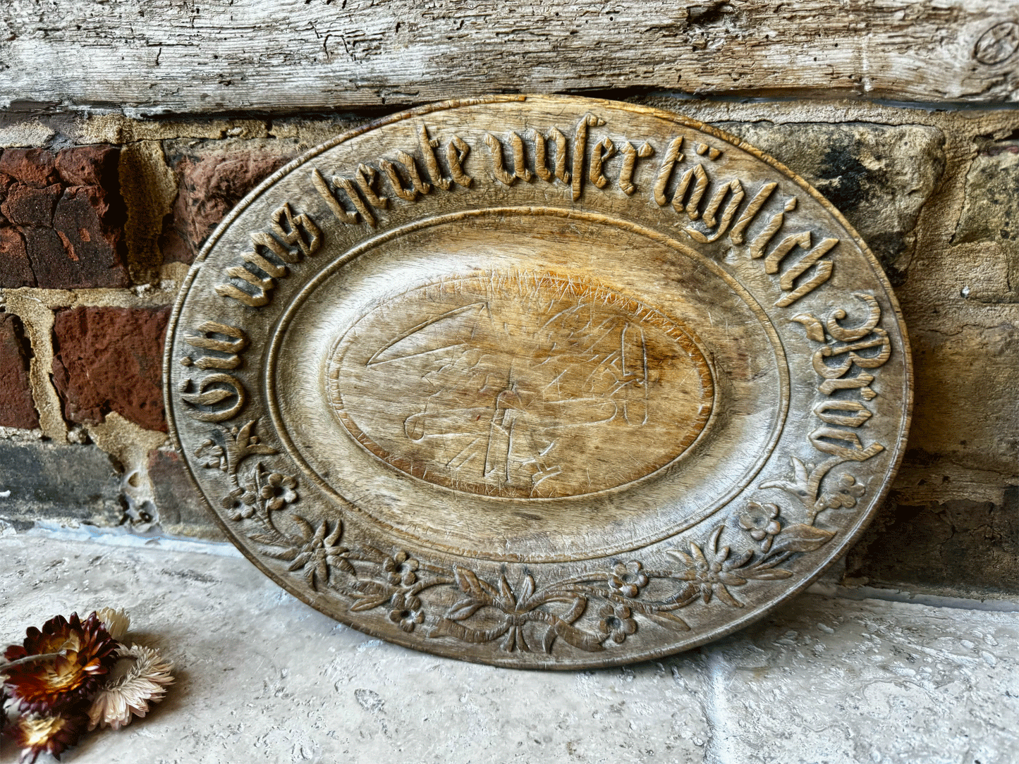 antique german deeply carved treen wooden carved bread platter board daily bread motto