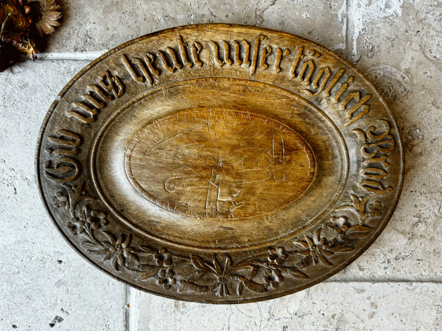 antique german deeply carved treen wooden carved bread platter board daily bread motto