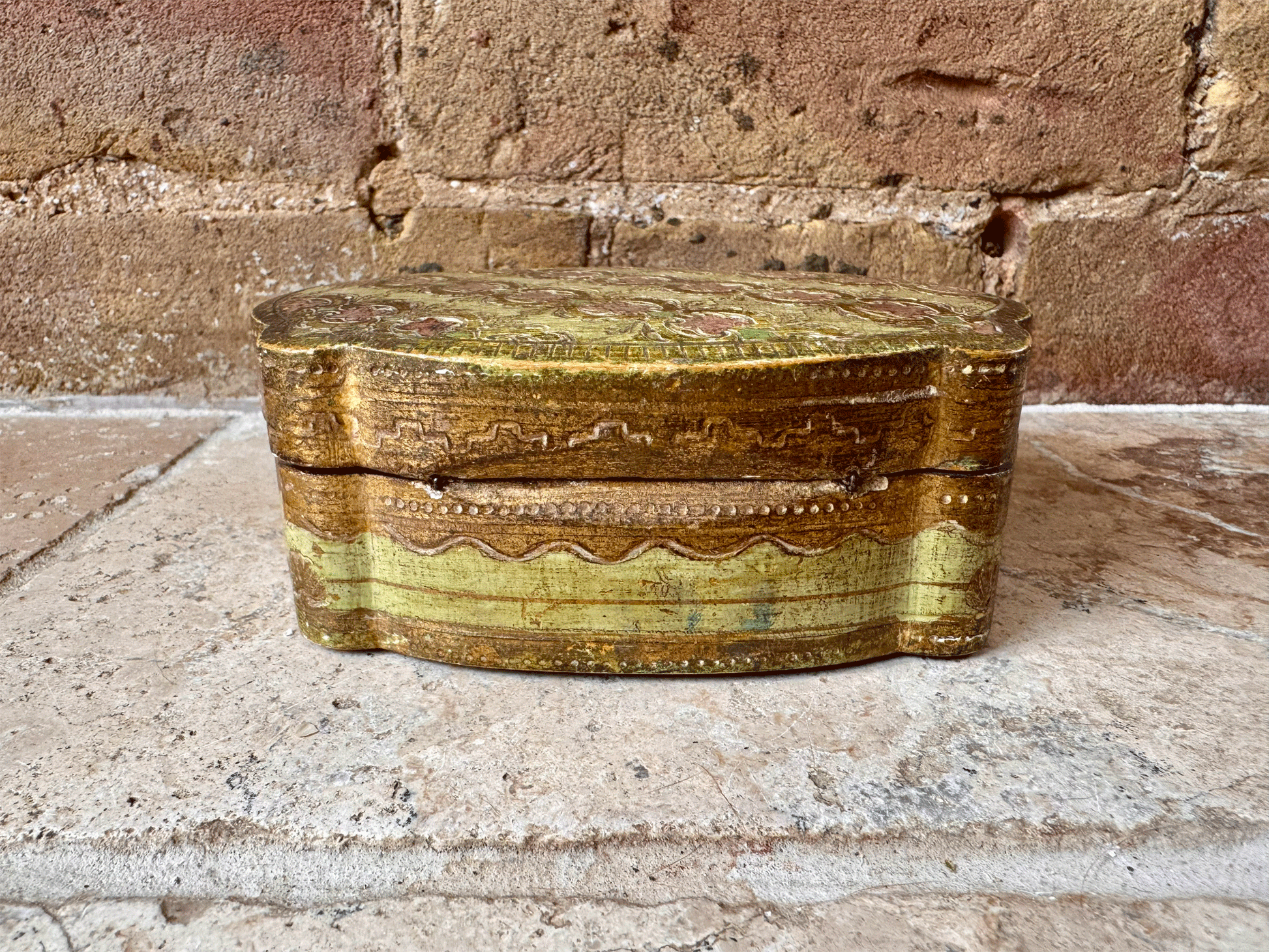 antique italian gilded florentine box jewellery trinkets green rose pink