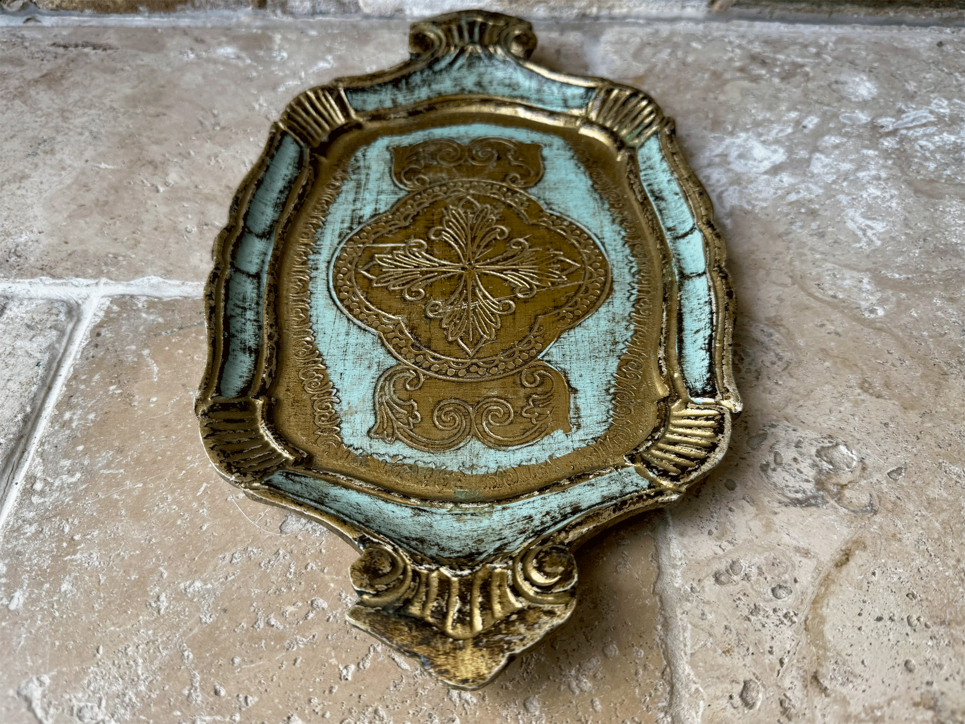 small antique vintage italian florentine tray gold turquoise blue green