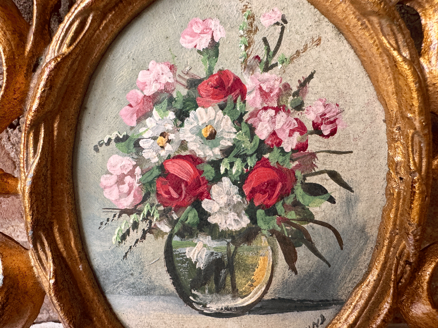 vintage italian still life floral bouquet vase signed oil painting gilded metal florentine frame