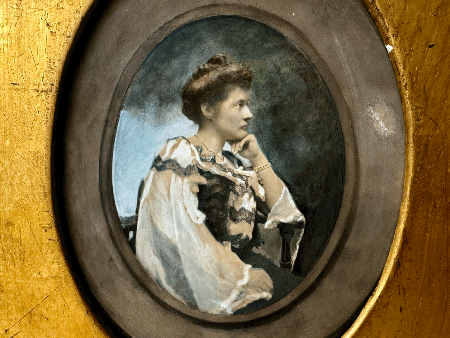 antique french watercolour painting female portrait