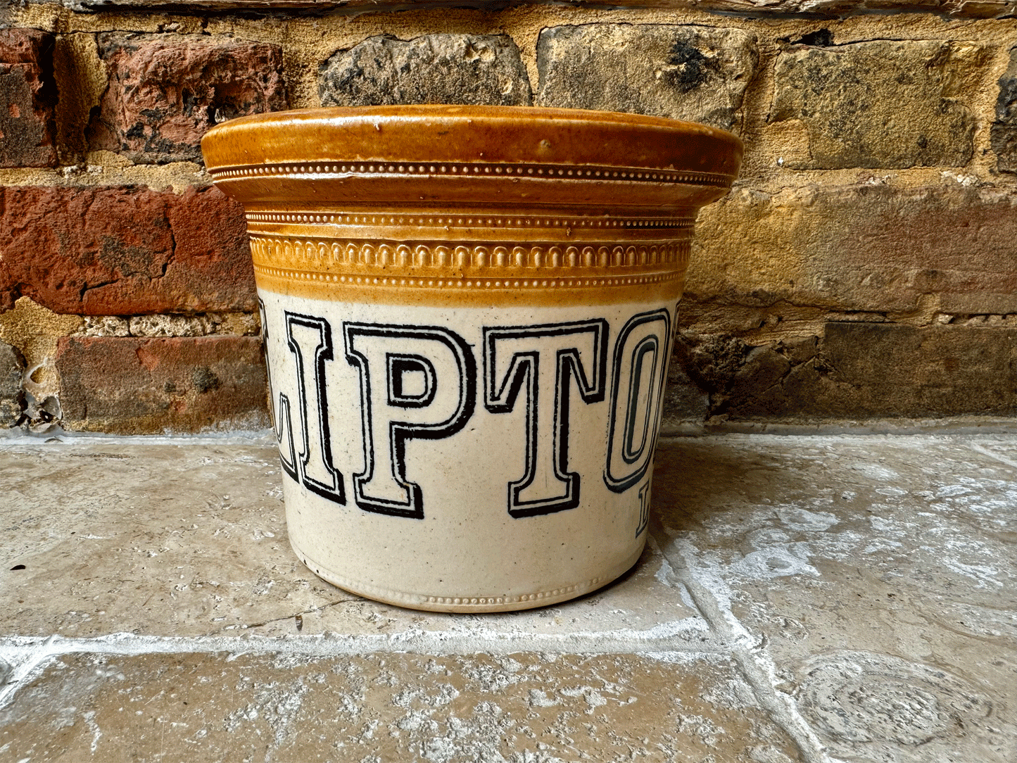 large antique edwardian stoneware butter crock pot advertising lipton ltd port dunbas pottery