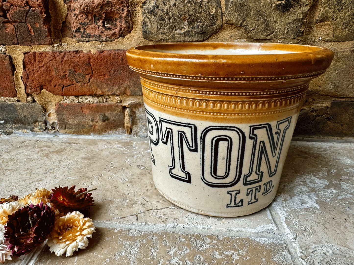 large antique edwardian stoneware butter crock pot advertising lipton ltd port dunbas pottery