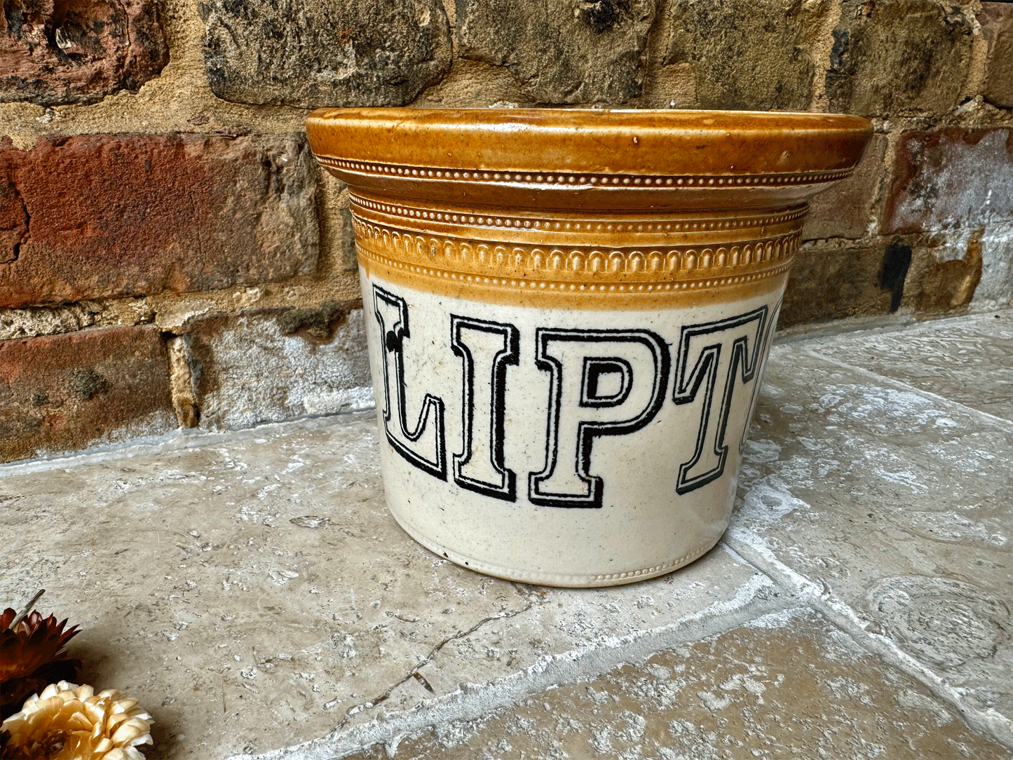 large antique edwardian stoneware butter crock pot advertising lipton ltd port dunbas pottery