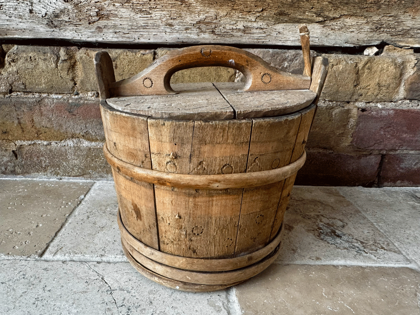 rare antique 19th century swedish folk art treen wooden carved butter box tub geometric design