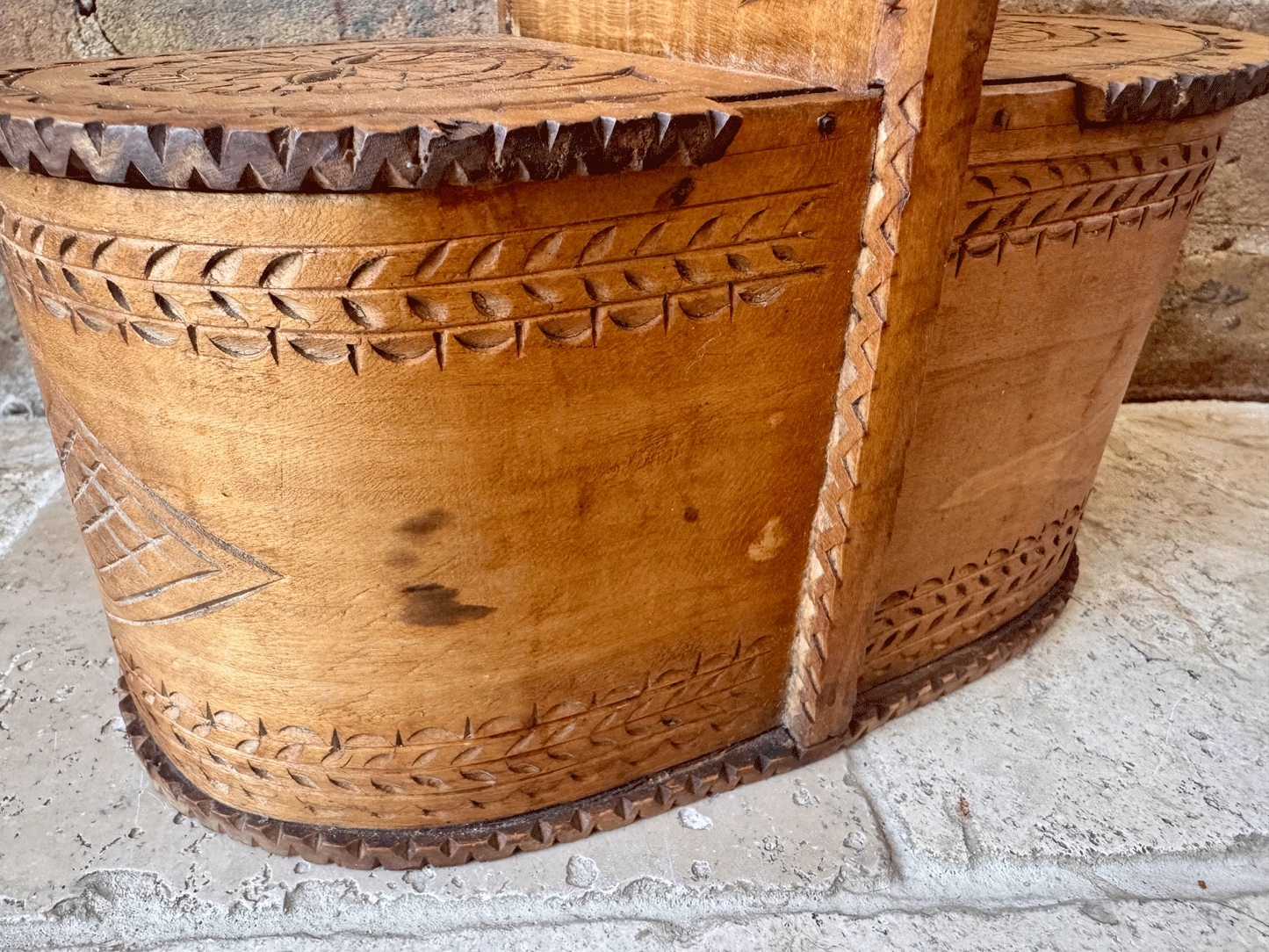 rare antique 19th century carved wooden treen geometric salt box cellar