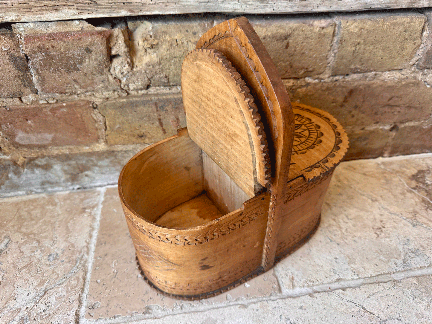 rare antique 19th century carved wooden treen geometric salt box cellar