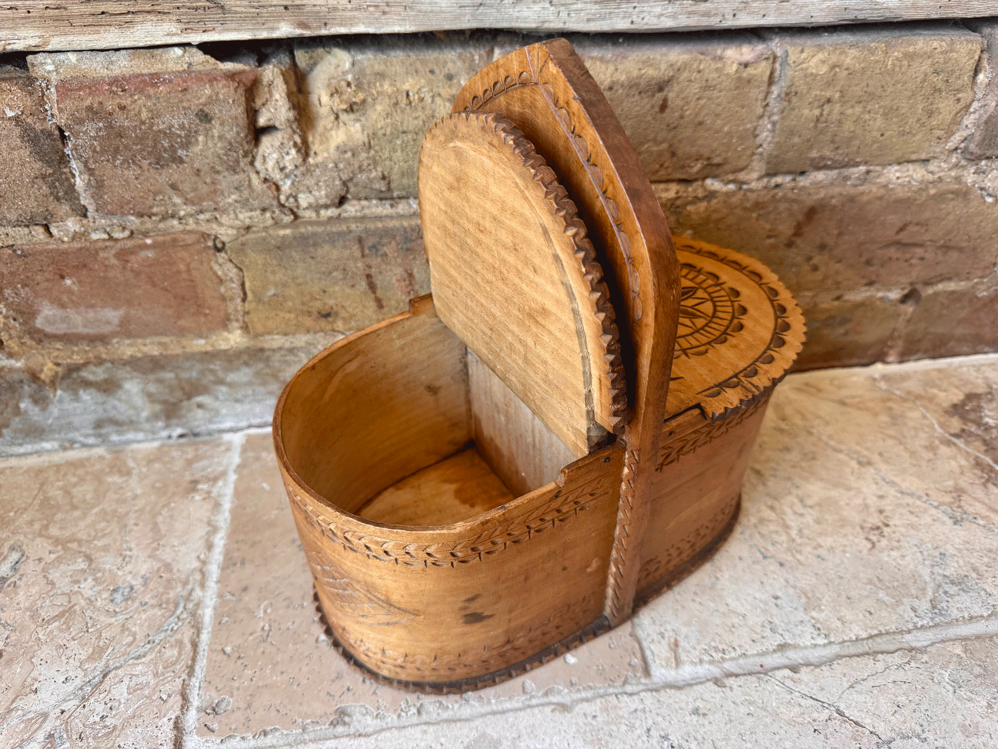 rare antique 19th century carved wooden treen geometric salt box cellar
