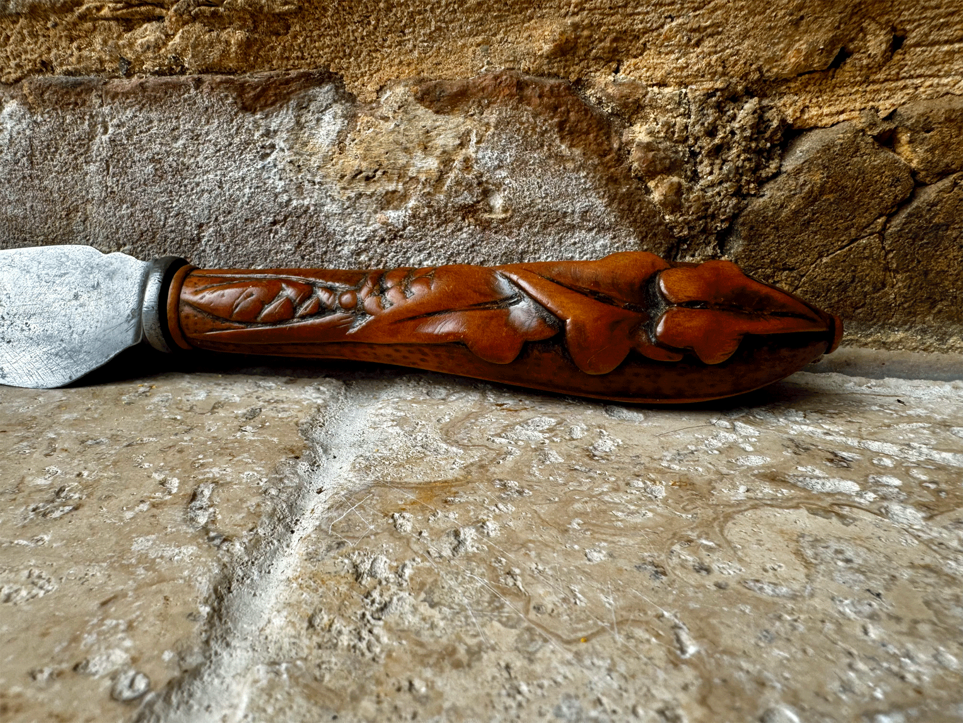 stunning antique deeply carved treen wooden bread knife slicer wheat ivy barley