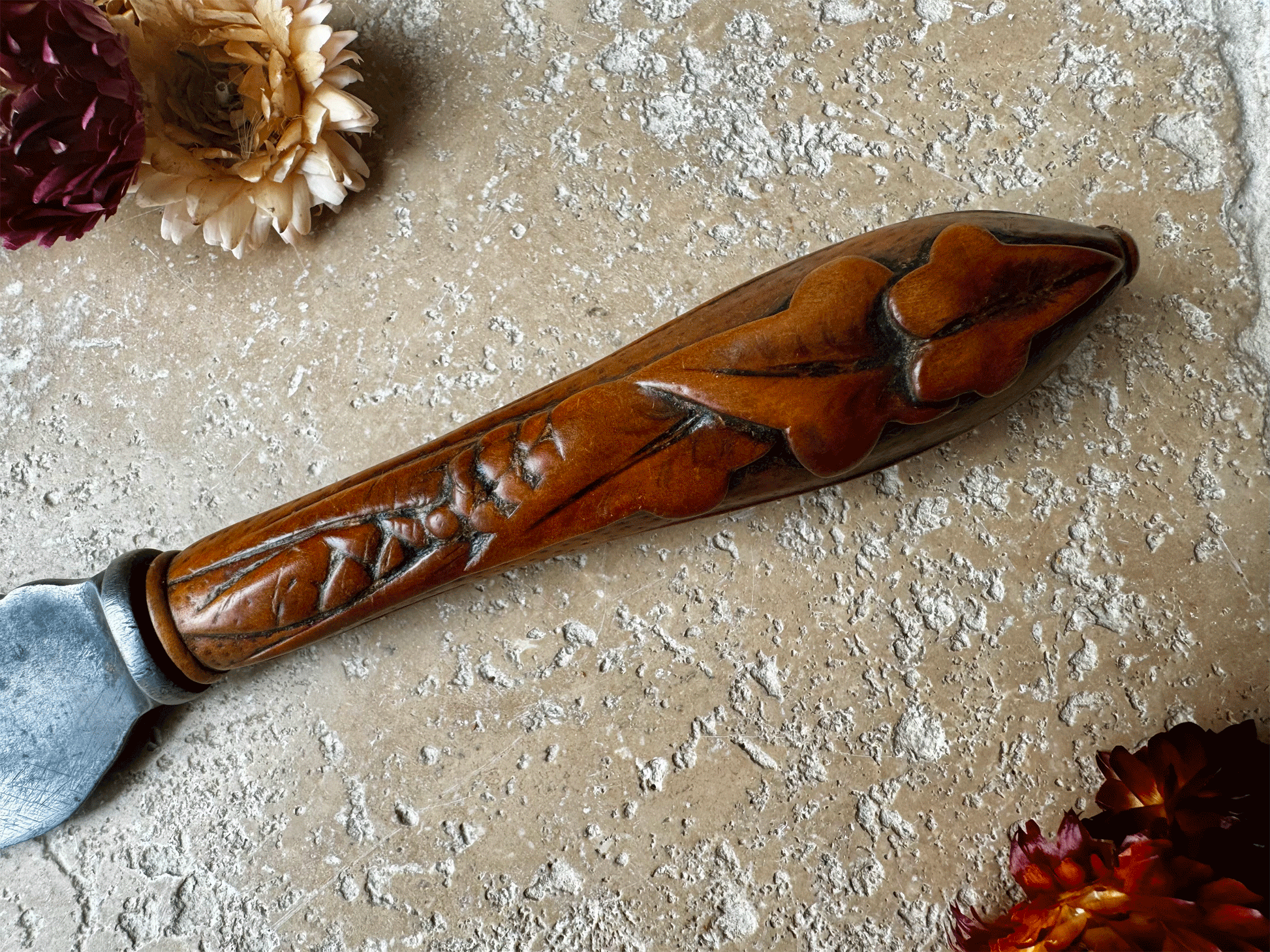 stunning antique deeply carved treen wooden bread knife slicer wheat ivy barley