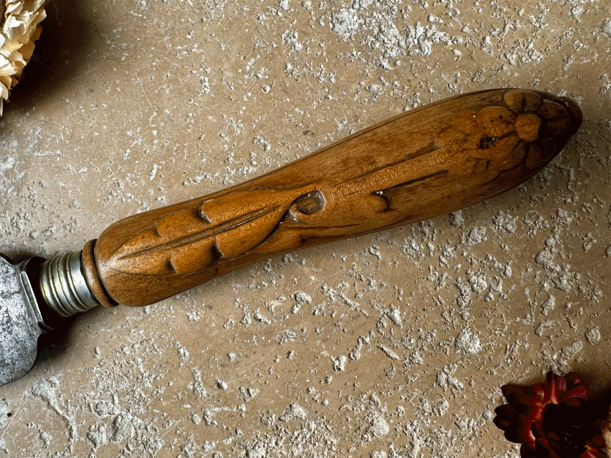 antique victorian carved wooden treen bread knife rosettes foliage