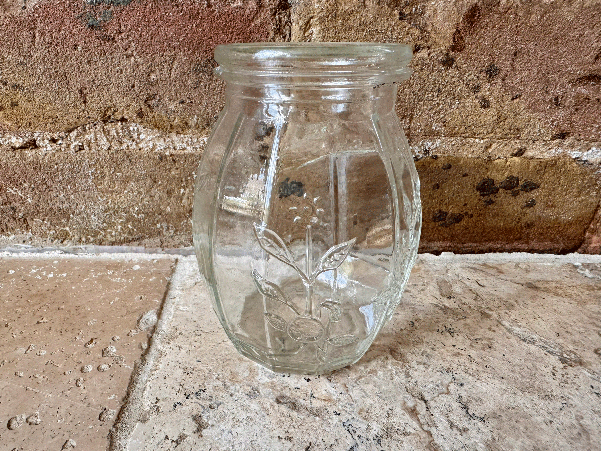 antique victorian glass jar advertising l rose co fruit cordials ribbed embossed floral decoration vintage bud vase