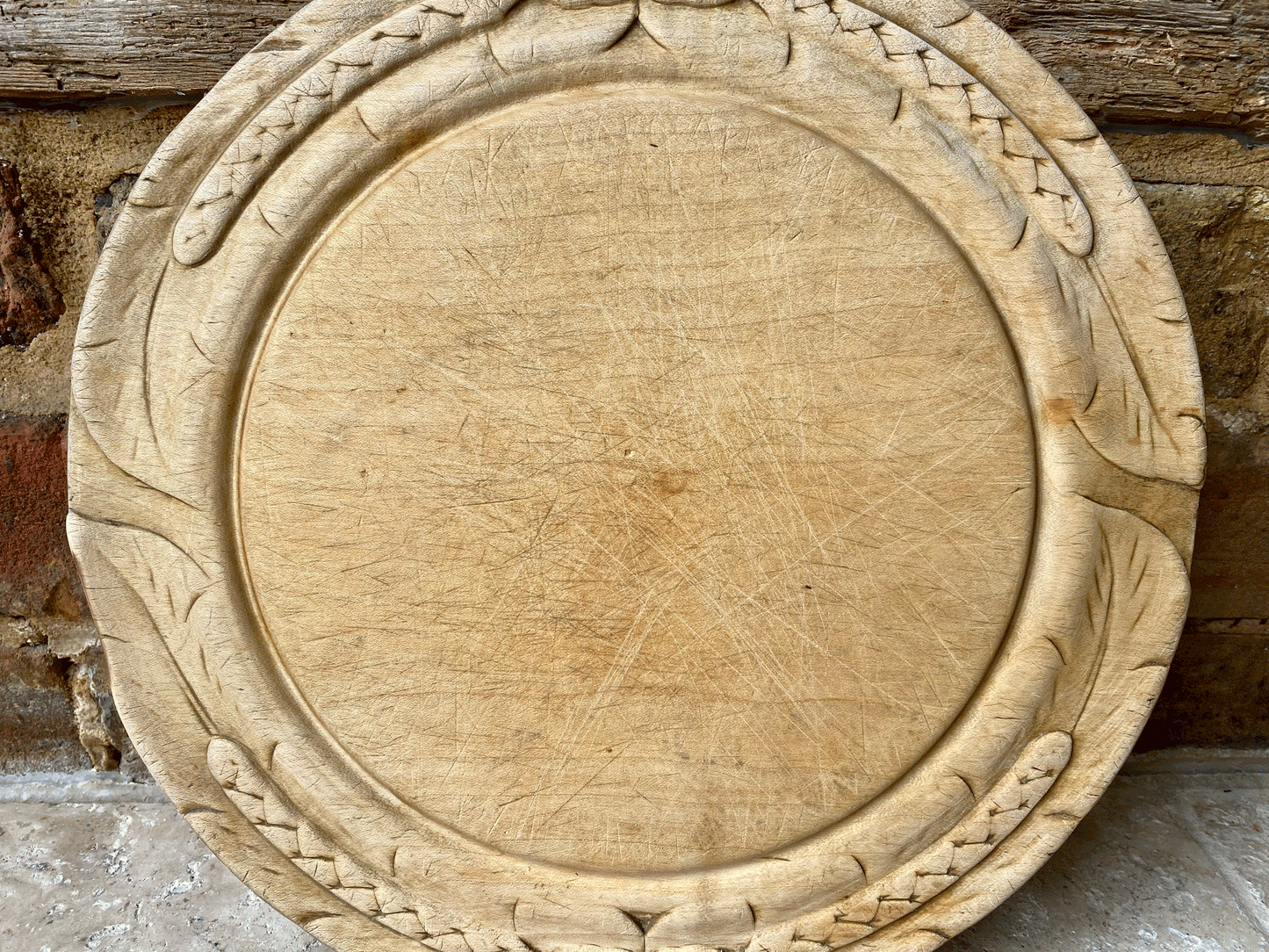 rare antique carved english treen wooden breadboard acorn oak barley border decoration