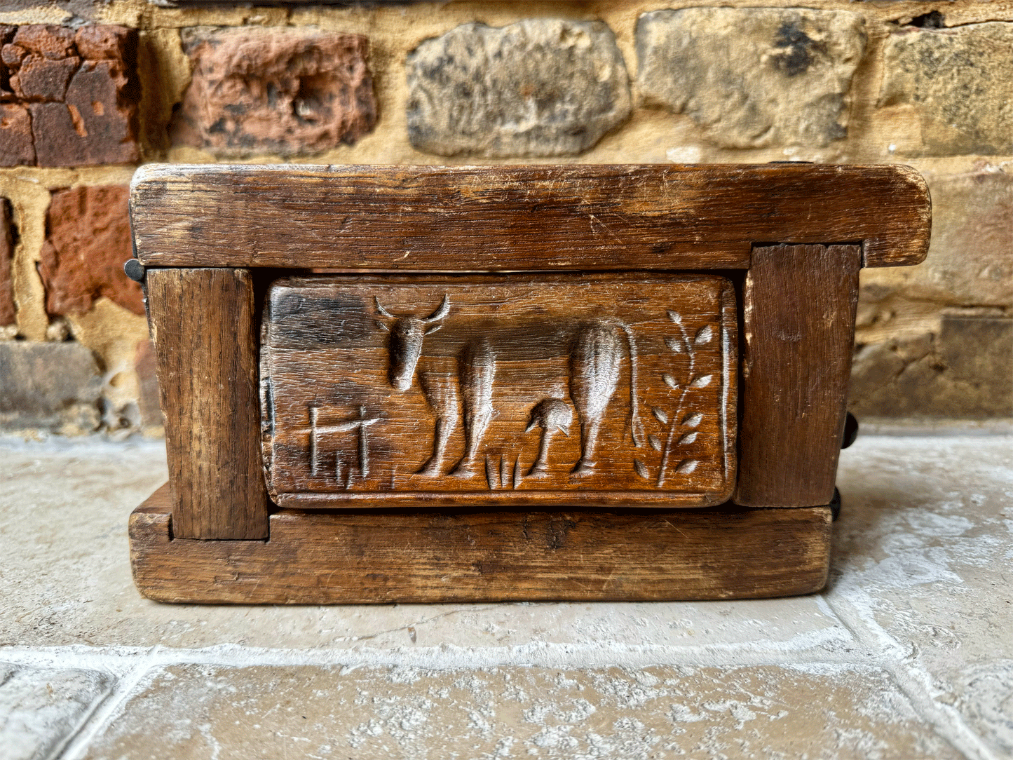 antique victorian primitive rustic carved treen wooden butter brick mould grazing cow