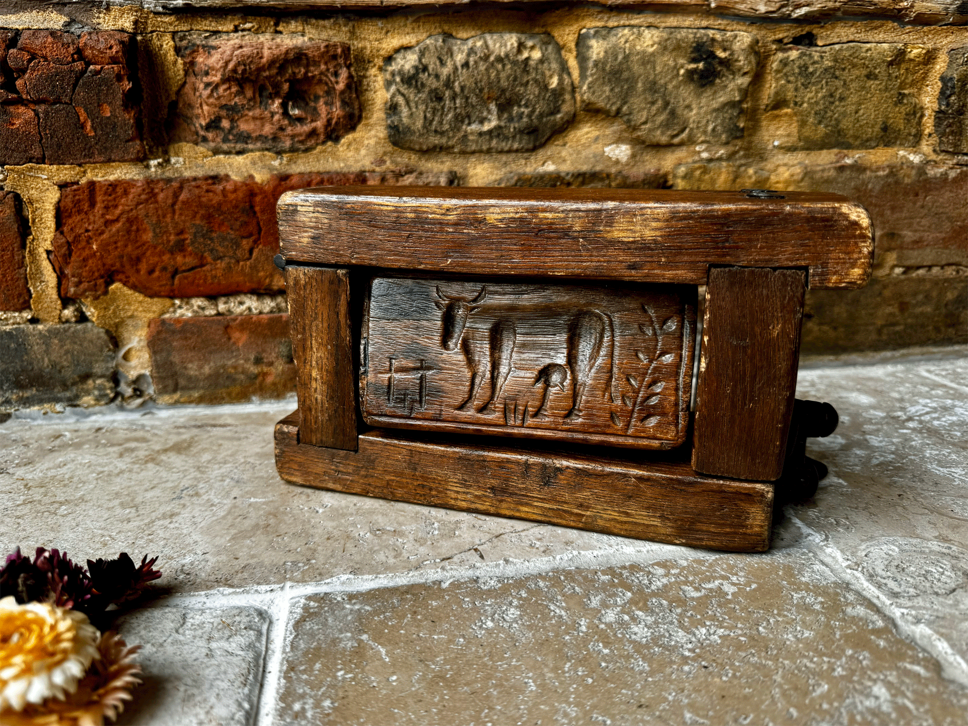 antique victorian primitive rustic carved treen wooden butter brick mould grazing cow