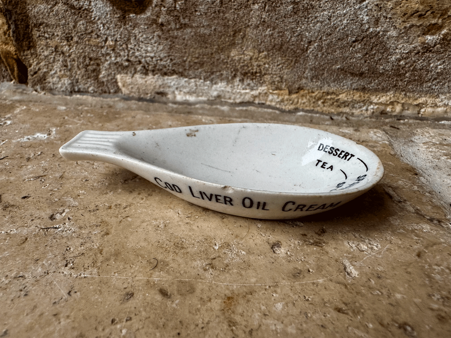 rare antique edwardian white ironstone medicine measuring spoon cod liver oil cream thomson chemist elgin