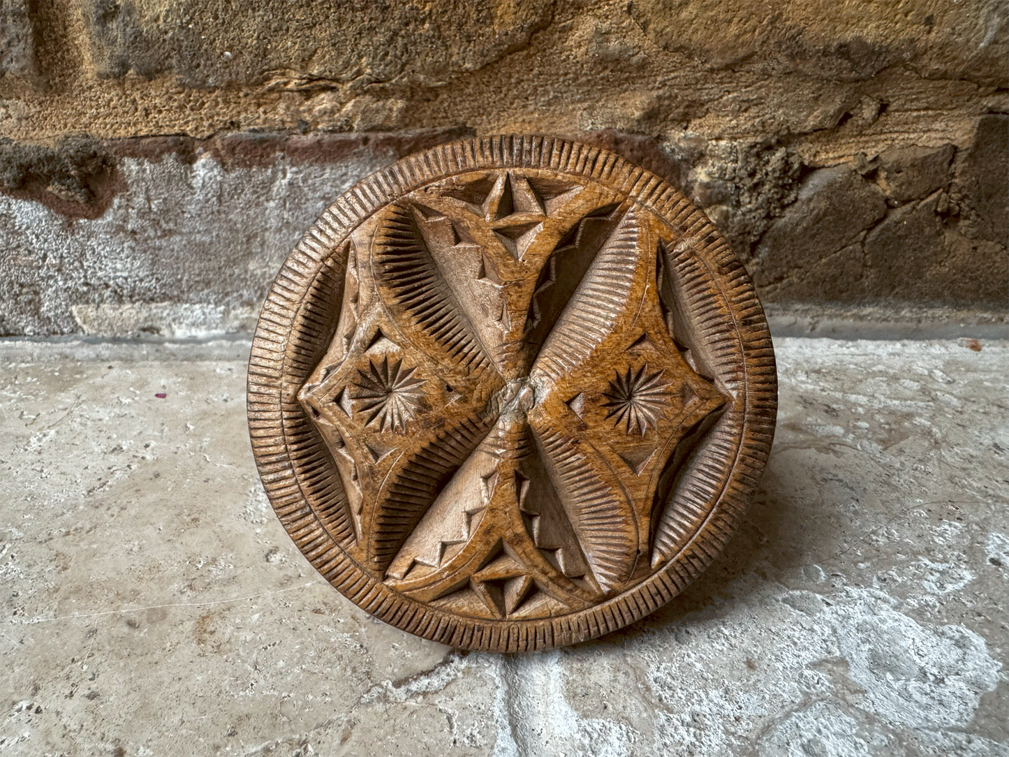 Rare Antique Victorian Carved Butter Stamp with Geometric Pattern